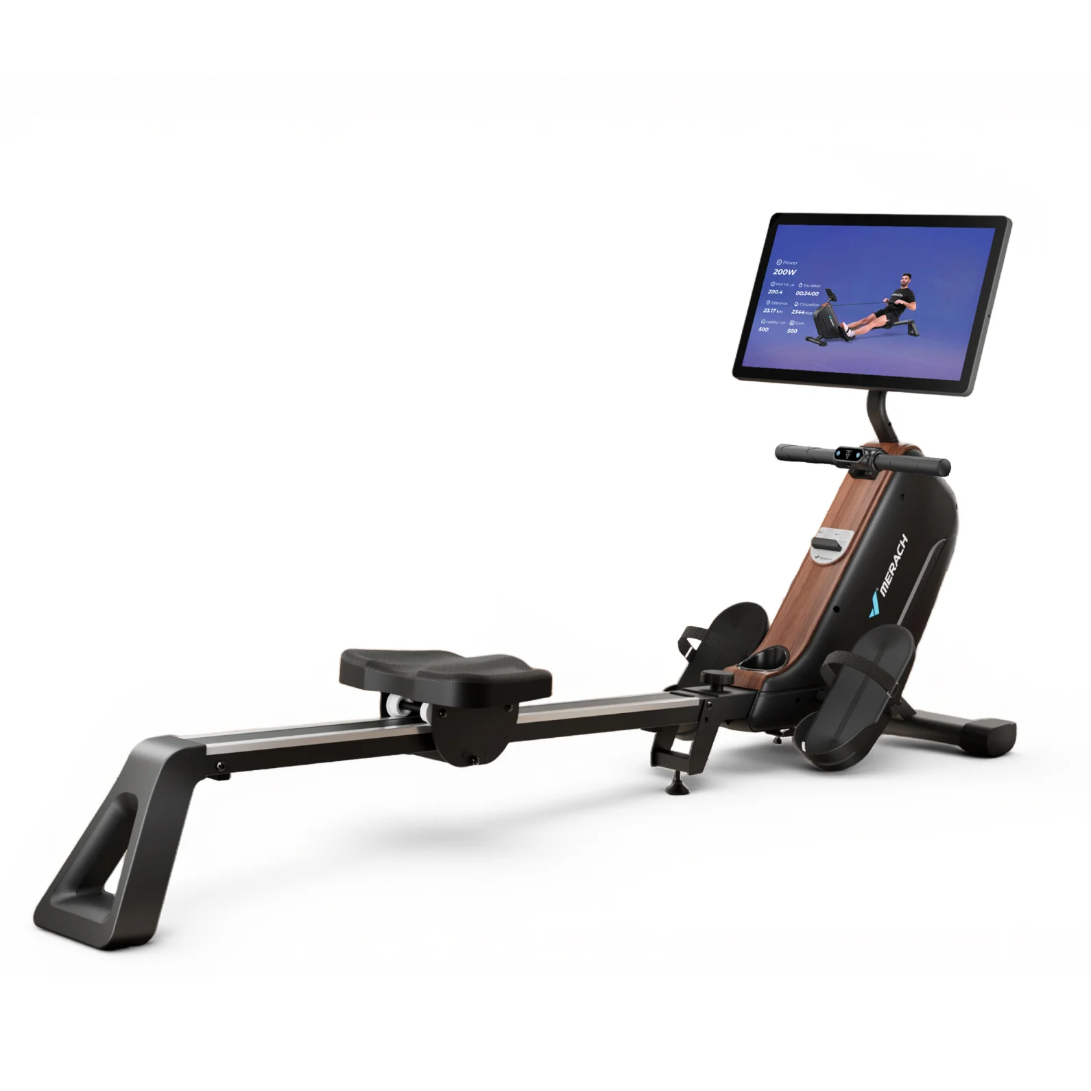 Merach R15 Pro magnetic rowing machine with its screen