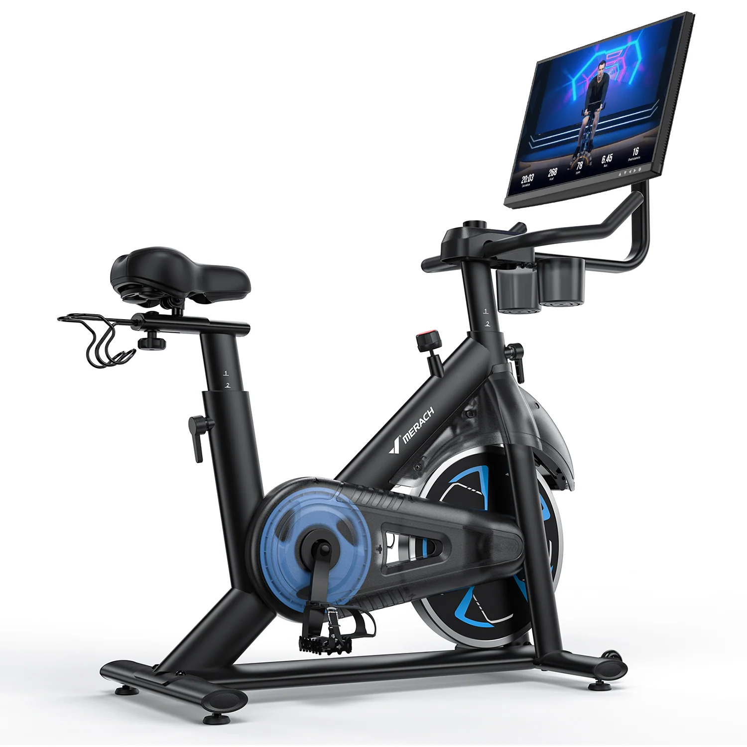 Merach S36 indoor exercise bike with its screen and handlebars