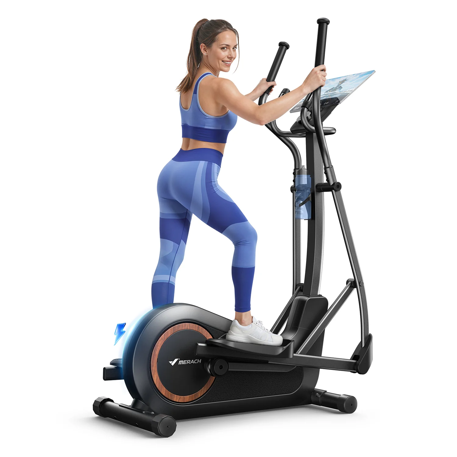 Merach self-powered elliptical trainer shown from the side