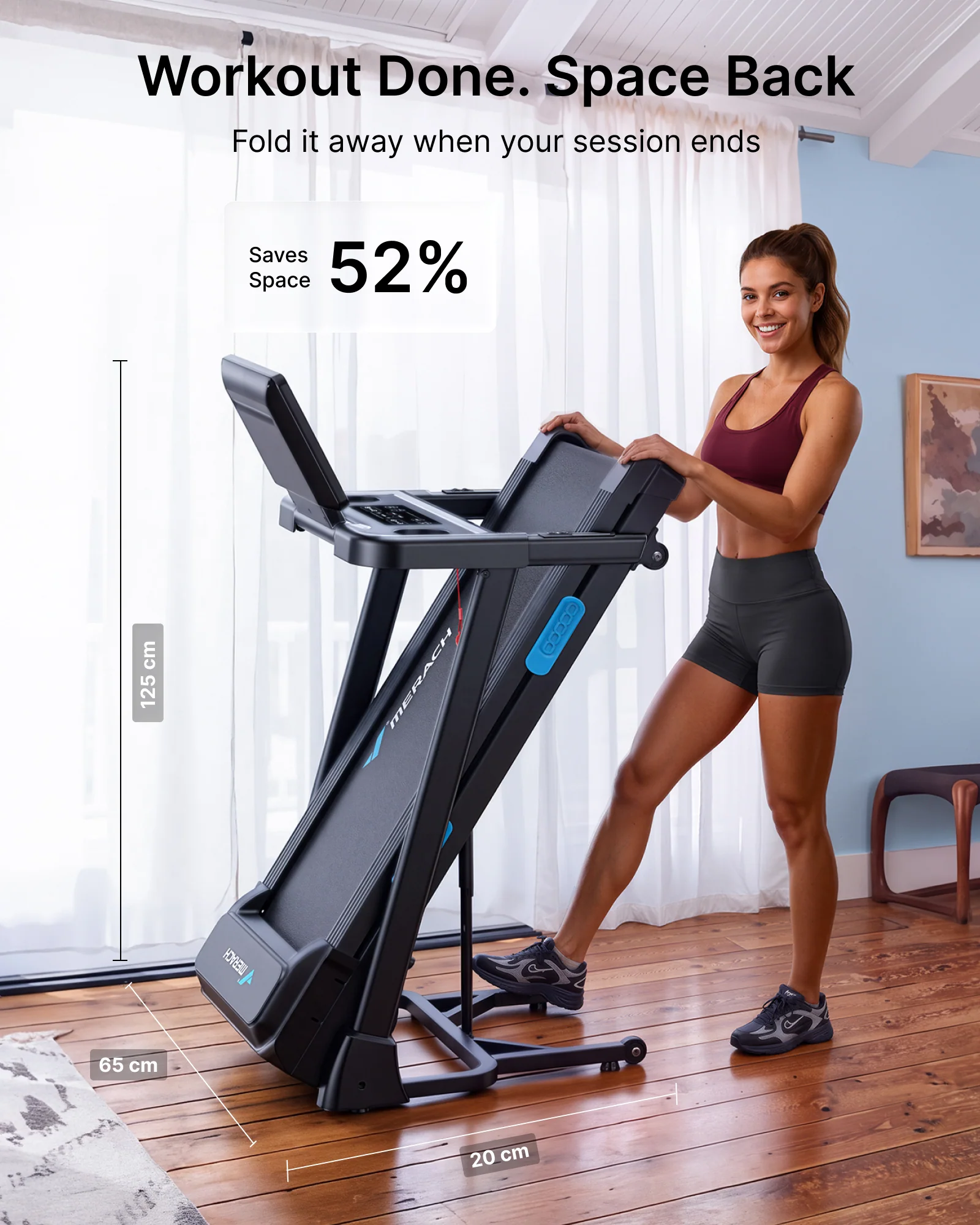 Merach T12B3 folding treadmill with its running deck and display