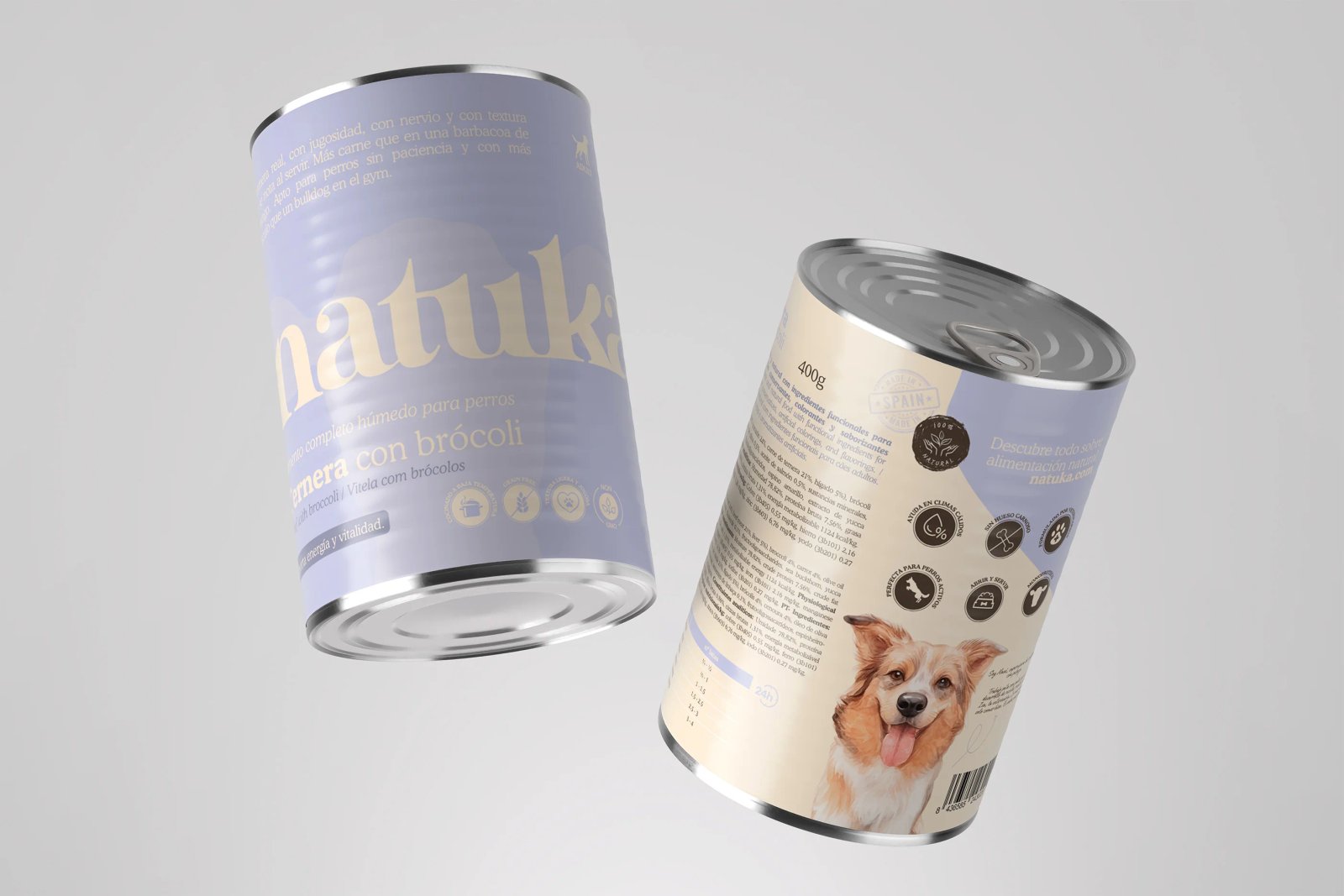 Dos latas completas de ternera Natuka en una imagen de producto