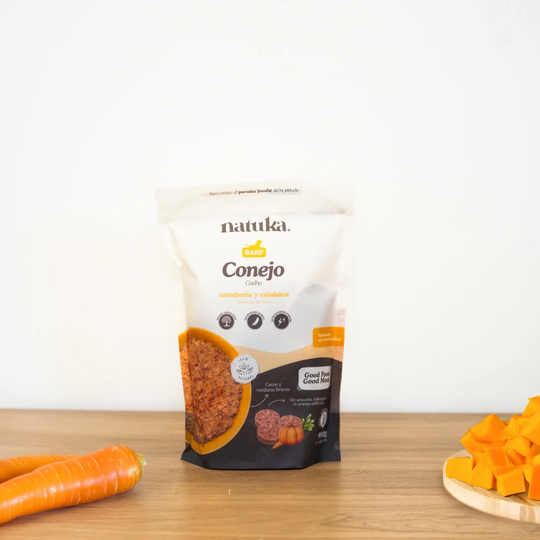Presentación del menú BARF de conejo de Natuka