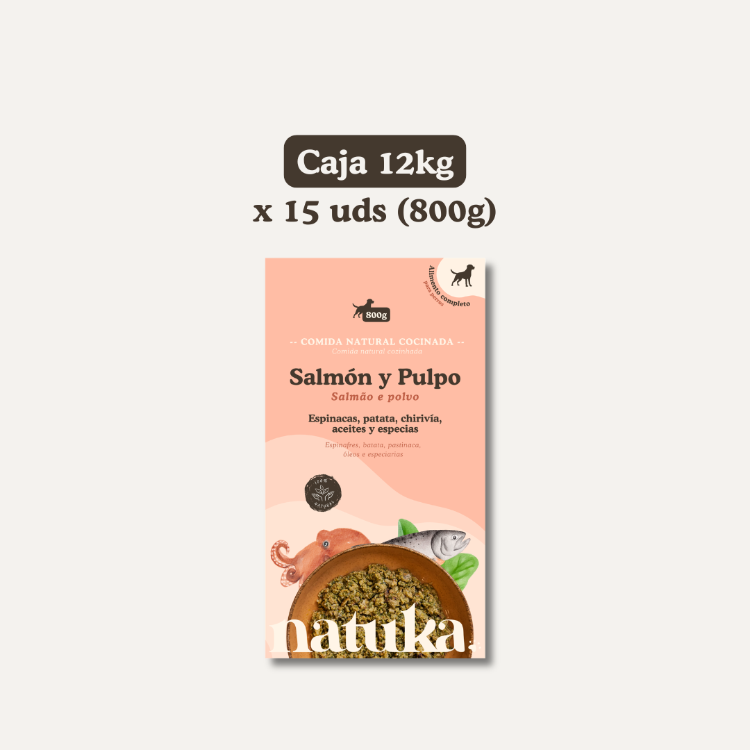 Caja del menú cocinado de salmón y pulpo de Natuka