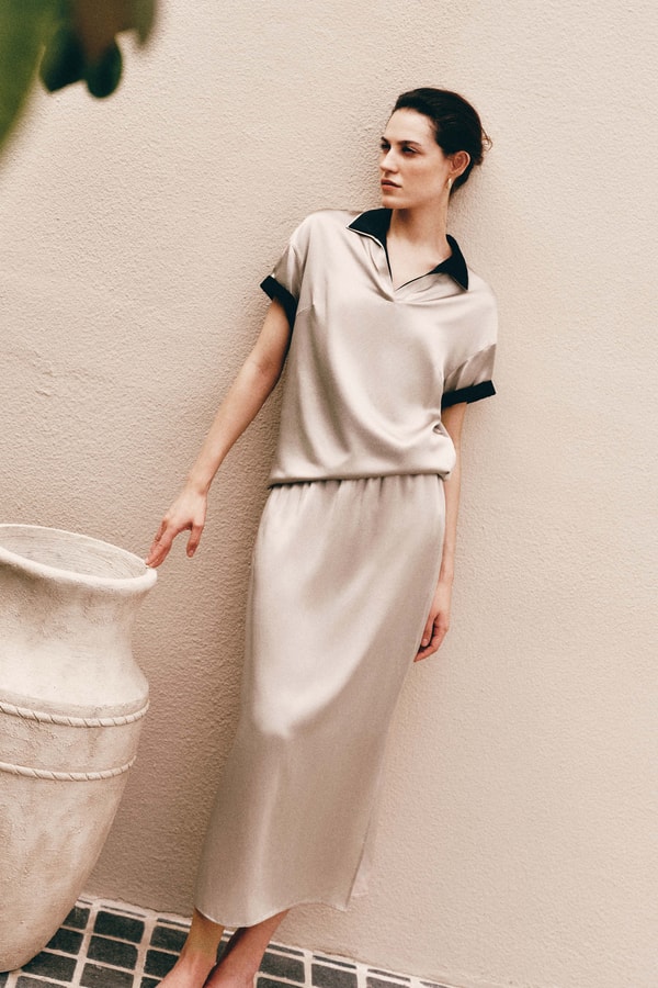 Washable Silk Charmeuse Polo Top