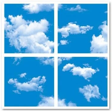 Four ceiling panels displaying separate cloud scenes
