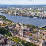 Aerial view across the Charles River toward the Boston skyline