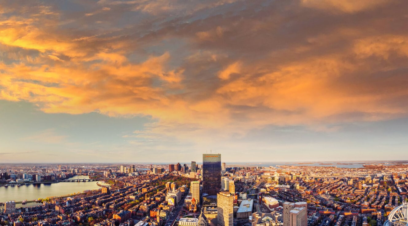 Wide panoramic Boston skyline view from View Boston