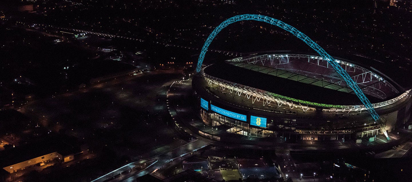 Wembley arch and stadium seen at night