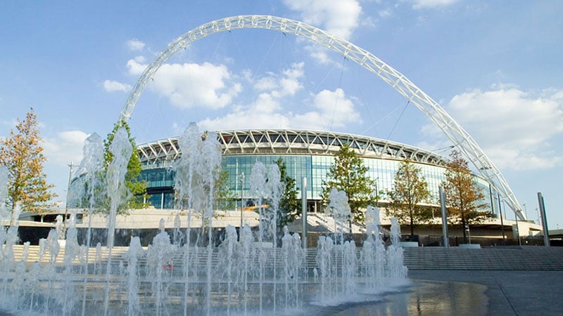 Wembley Stadium viewed beyond the fountains